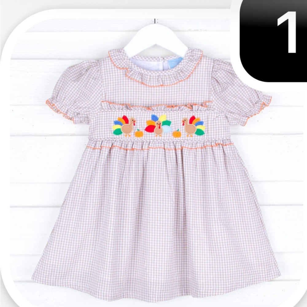 Thanksgiving Gingham Kids Dress with Embroidered Accents